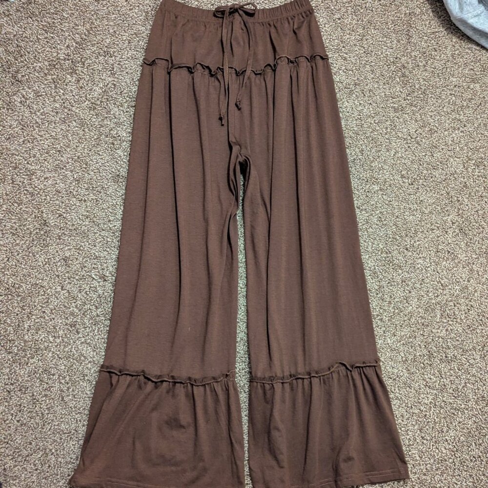 Audhol Dark Brown Flowy Elastic Wide Leg Loose Fit Ruffle Pants